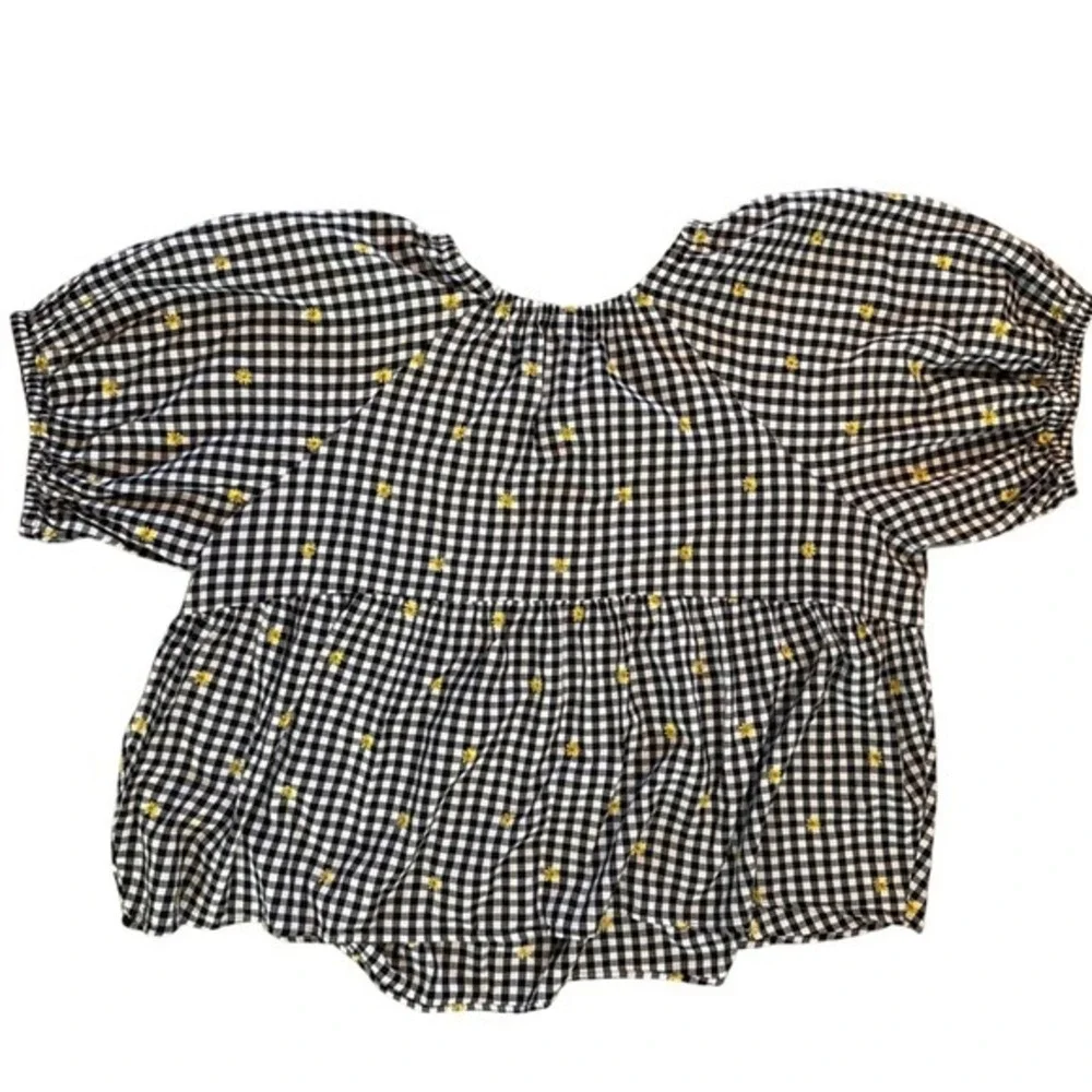 Old Navy Cottagecore Peplum Top‎ Puff Sleeve 3X Black Gingham Daisy Embroidered